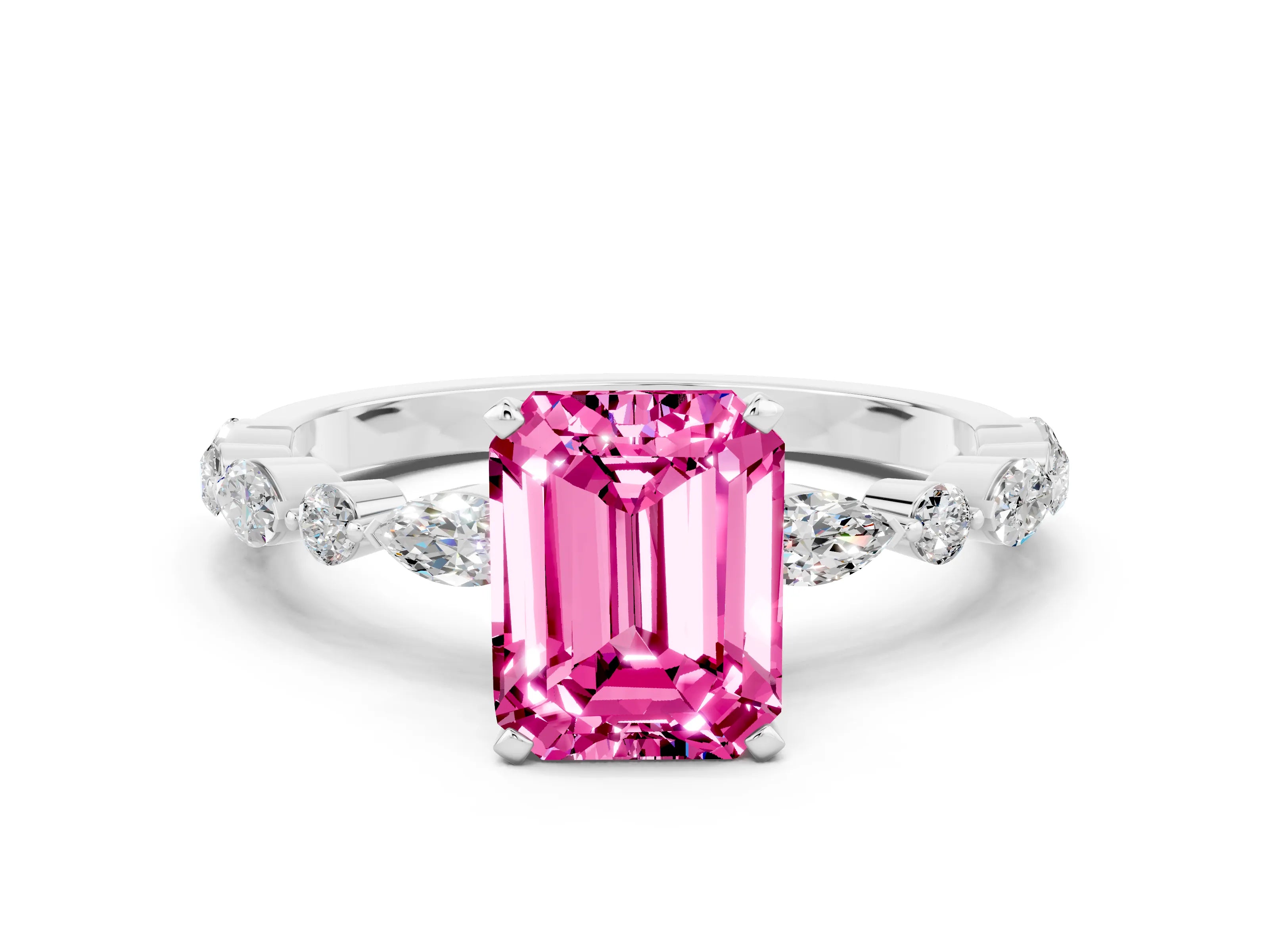 White gold Emerald Cut Pink Sapphire Solitaire with Side Stones on a Pavé Band and Four-Prong Setting_24