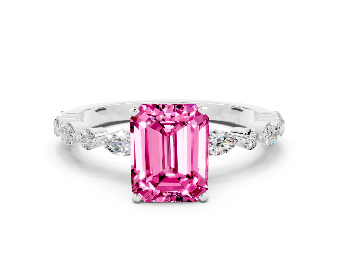 White gold Emerald Cut Pink Sapphire Solitaire with Side Stones on a Pavé Band and Four-Prong Setting_24
