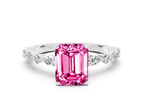 White gold Emerald Cut Pink Sapphire Solitaire with Side Stones on a Pavé Band and Four-Prong Setting_24