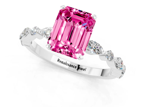 White gold Emerald Cut Pink Sapphire Solitaire with Side Stones on a Pavé Band and Four-Prong Setting_25