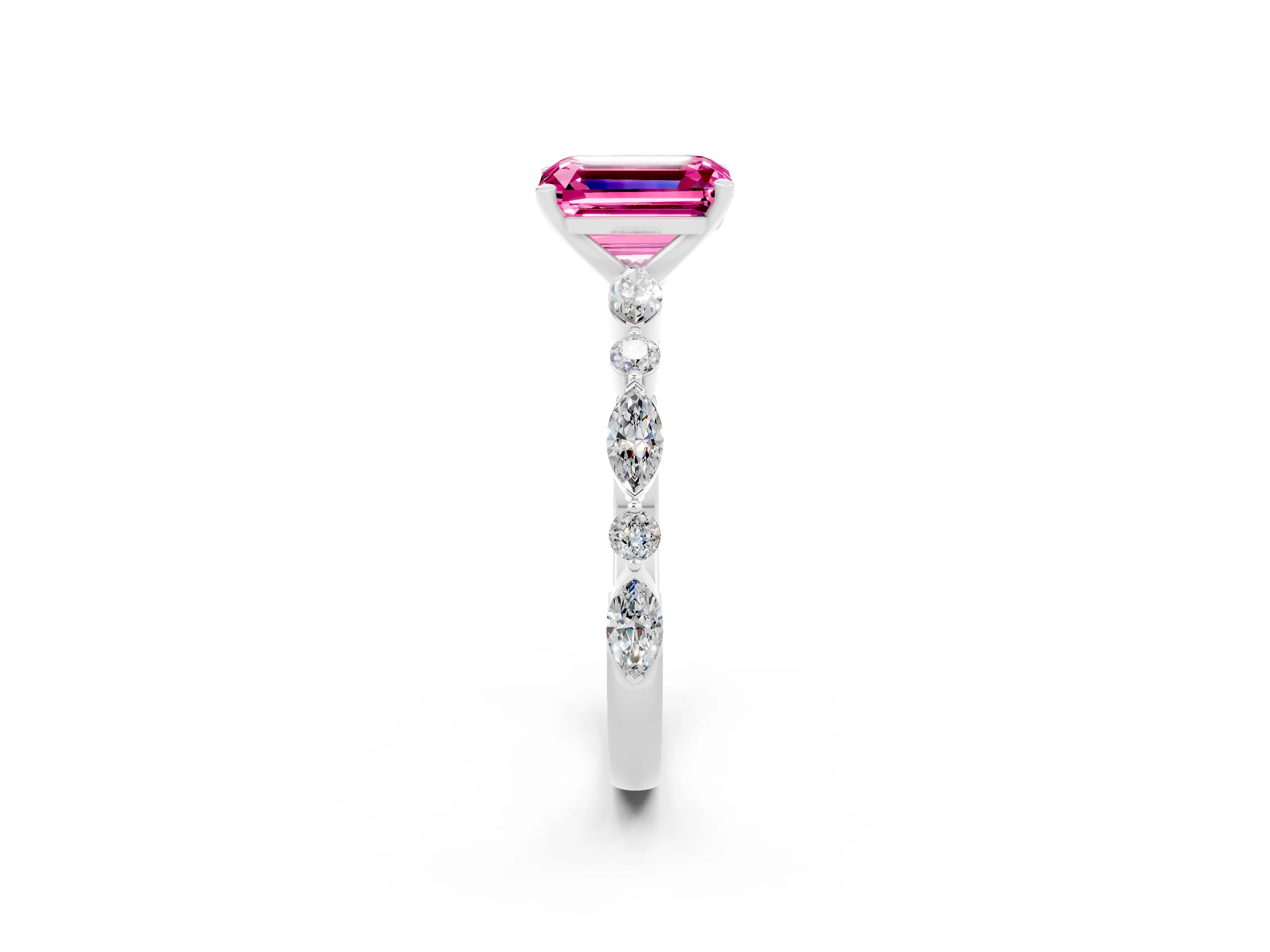 White gold Emerald Cut Pink Sapphire Solitaire with Side Stones on a Pavé Band and Four-Prong Setting_26