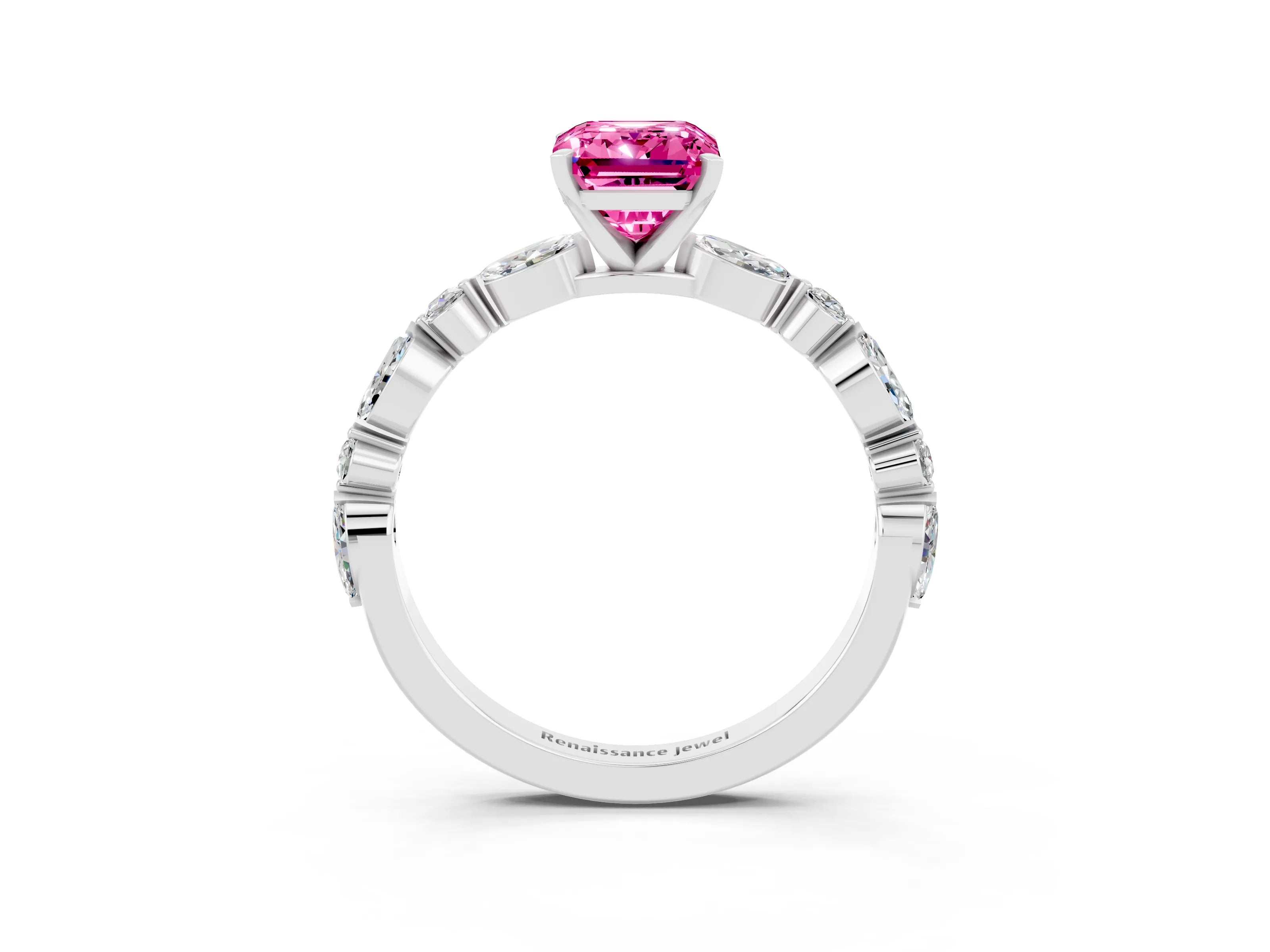 White gold Emerald Cut Pink Sapphire Solitaire with Side Stones on a Pavé Band and Four-Prong Setting_27