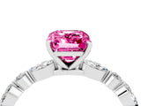 White gold Emerald Cut Pink Sapphire Solitaire with Side Stones on a Pavé Band and Four-Prong Setting_28