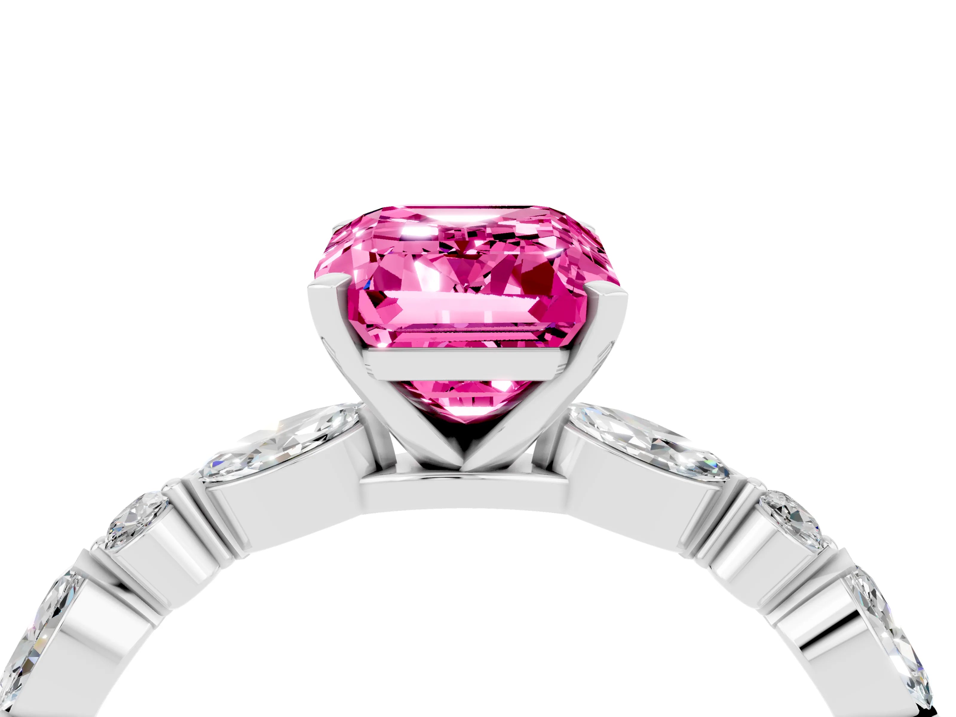 White gold Emerald Cut Pink Sapphire Solitaire with Side Stones on a Pavé Band and Four-Prong Setting_28