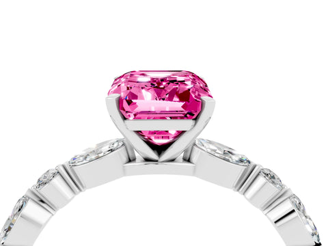 White gold Emerald Cut Pink Sapphire Solitaire with Side Stones on a Pavé Band and Four-Prong Setting_28