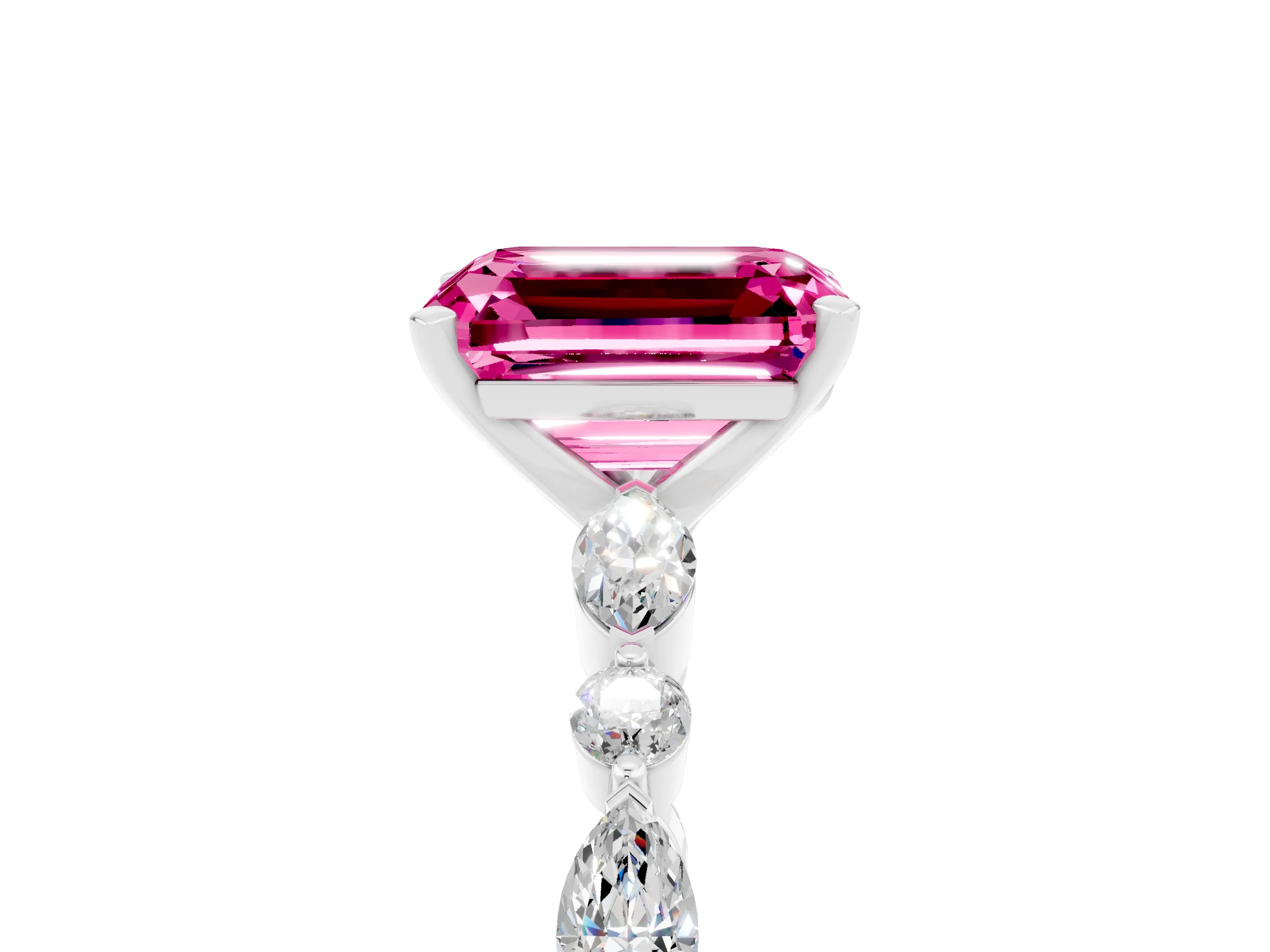 White gold Emerald Cut Pink Sapphire Solitaire with Side Stones on a Pavé Band and Four-Prong Setting_29
