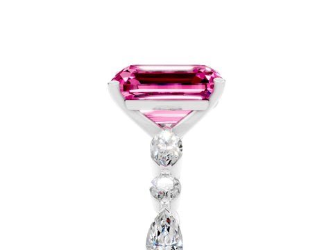 White gold Emerald Cut Pink Sapphire Solitaire with Side Stones on a Pavé Band and Four-Prong Setting_29