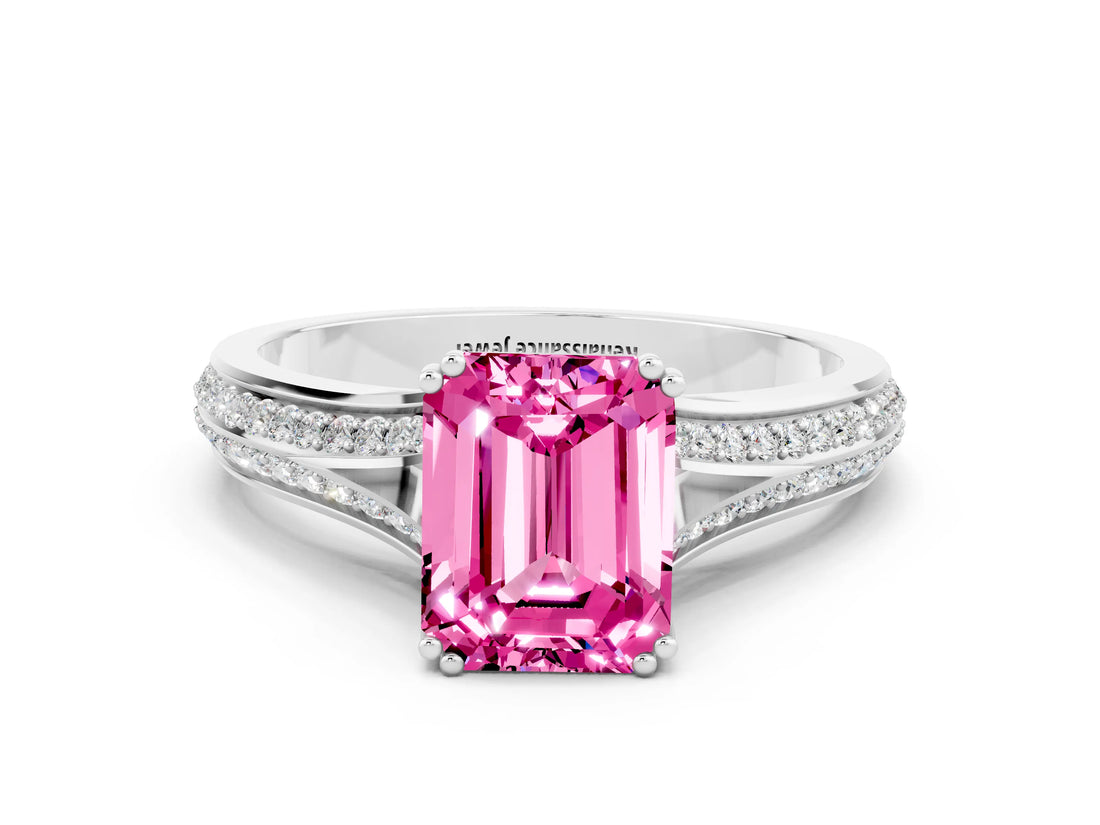 White gold Emerald Cut Pink Sapphire Split Shank Engagement Ring with Pavé Band_24