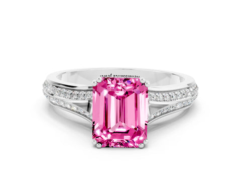 White gold Emerald Cut Pink Sapphire Split Shank Engagement Ring with Pavé Band_24