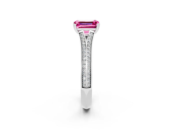 White gold Emerald Cut Pink Sapphire Split Shank Engagement Ring with Pavé Band