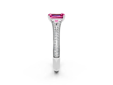 White gold Emerald Cut Pink Sapphire Split Shank Engagement Ring with Pavé Band_26
