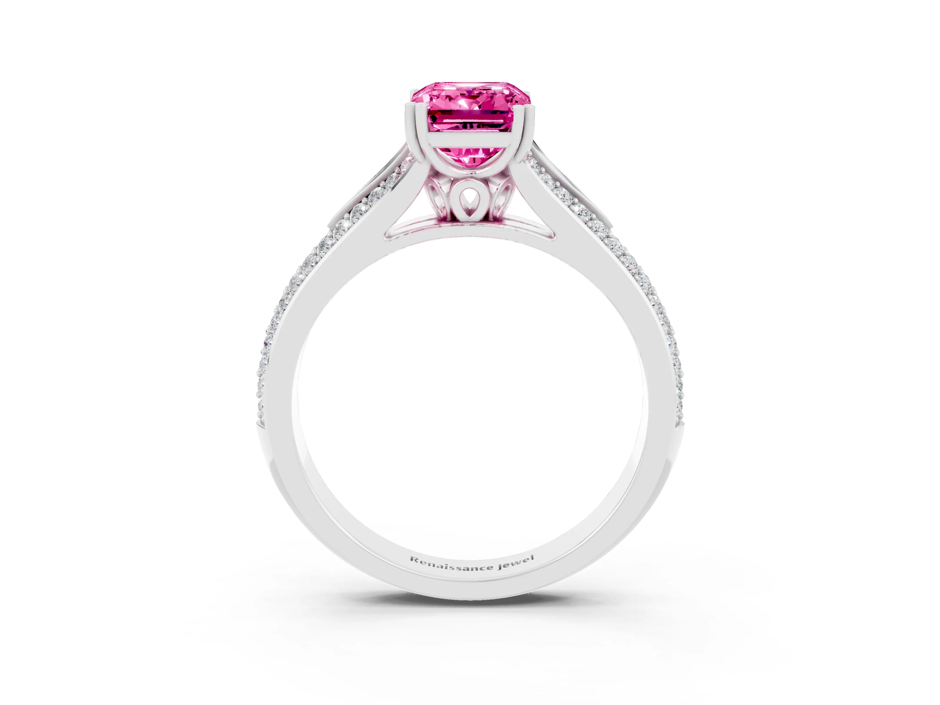 White gold Emerald Cut Pink Sapphire Split Shank Engagement Ring with Pavé Band_27