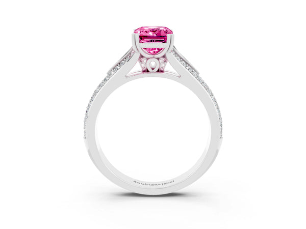 Platinum Emerald Cut Pink Sapphire Split Shank Engagement Ring with Pavé Band
