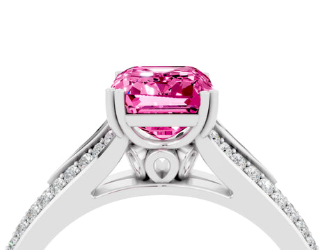 White gold Emerald Cut Pink Sapphire Split Shank Engagement Ring with Pavé Band_28