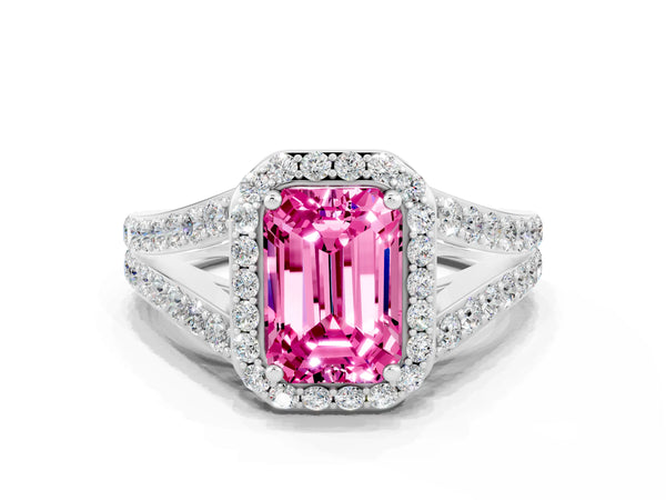 Silver Emerald Cut Pink Sapphire Split Shank Halo Ring with Four-Prong Setting