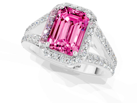 White gold Emerald Cut Pink Sapphire Split Shank Halo Ring with Four-Prong Setting_13