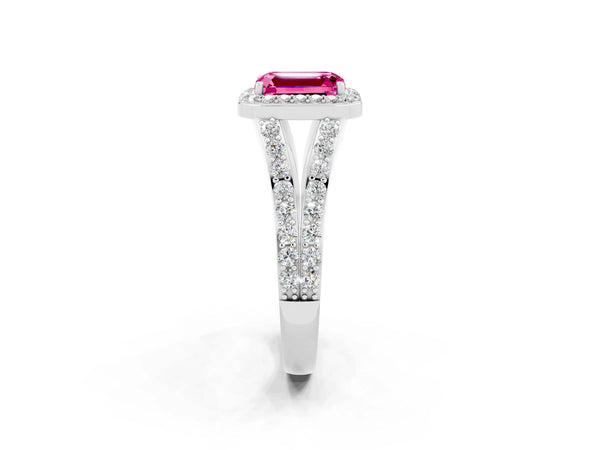 Platinum Emerald Cut Pink Sapphire Split Shank Halo Ring with Four-Prong Setting