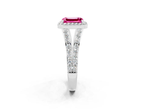 White gold Emerald Cut Pink Sapphire Split Shank Halo Ring with Four-Prong Setting_14