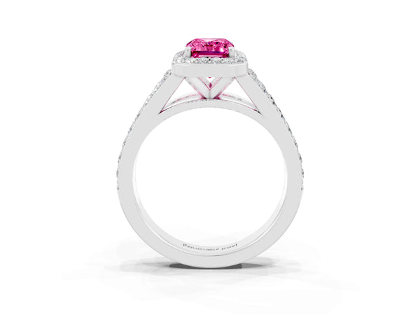 Platinum Emerald Cut Pink Sapphire Split Shank Halo Ring with Four-Prong Setting