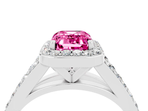 White gold Emerald Cut Pink Sapphire Split Shank Halo Ring with Four-Prong Setting_16