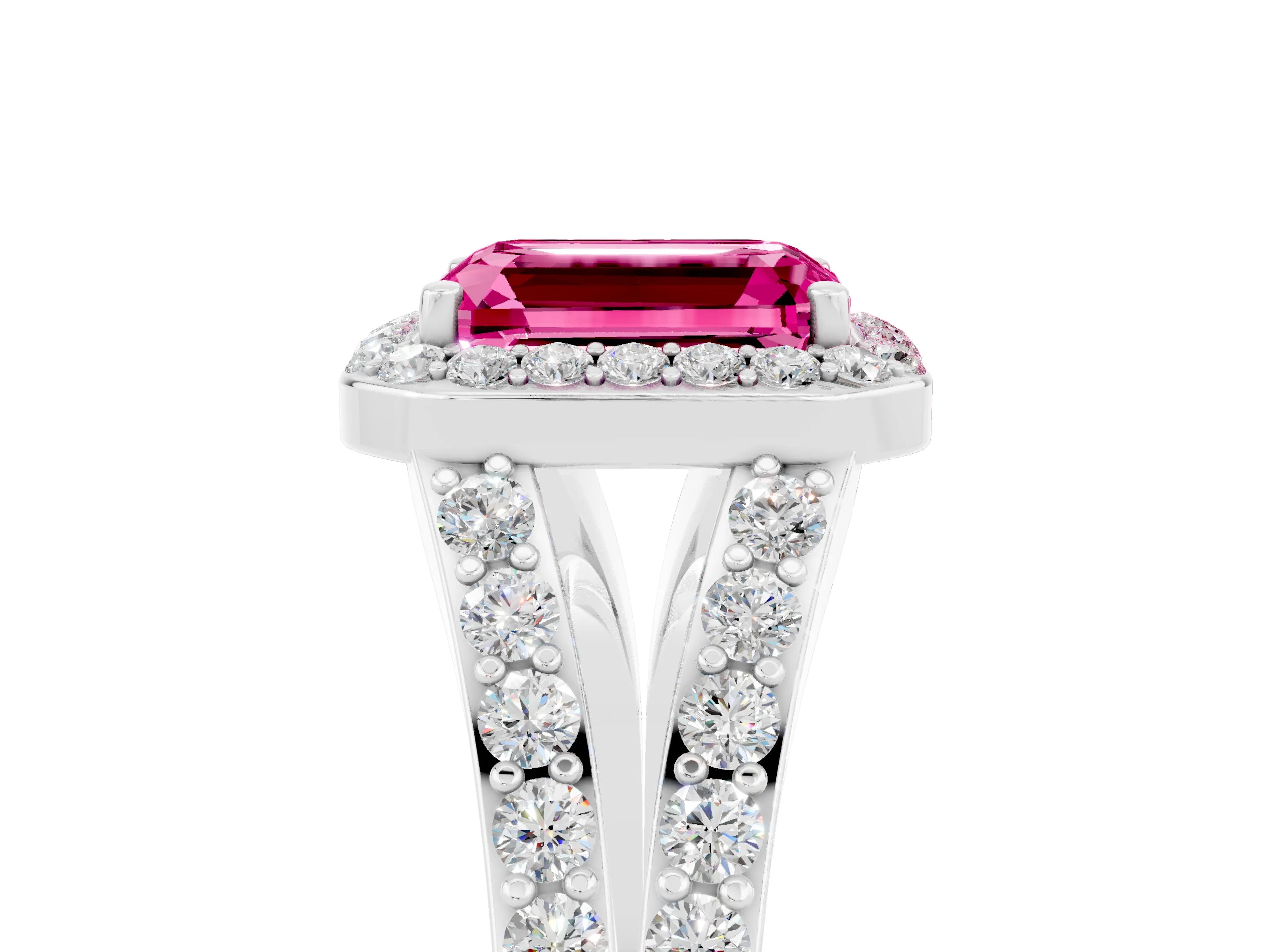 White gold Emerald Cut Pink Sapphire Split Shank Halo Ring with Four-Prong Setting_17