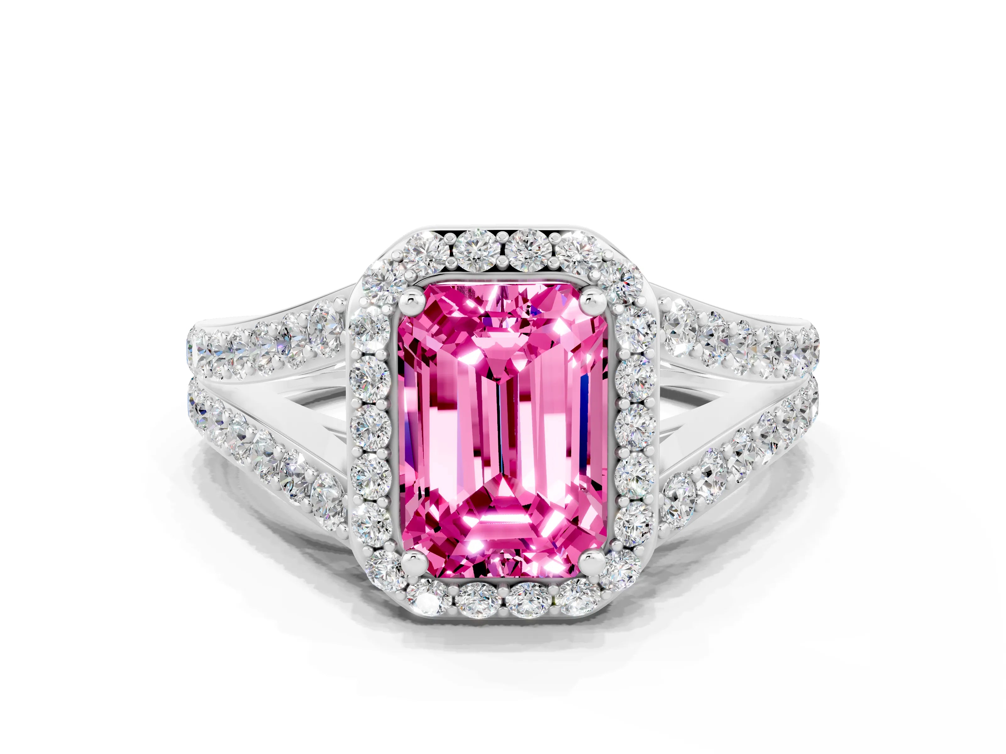 White gold Emerald Cut Pink Sapphire Split Shank Halo Ring with Four-Prong Setting_24