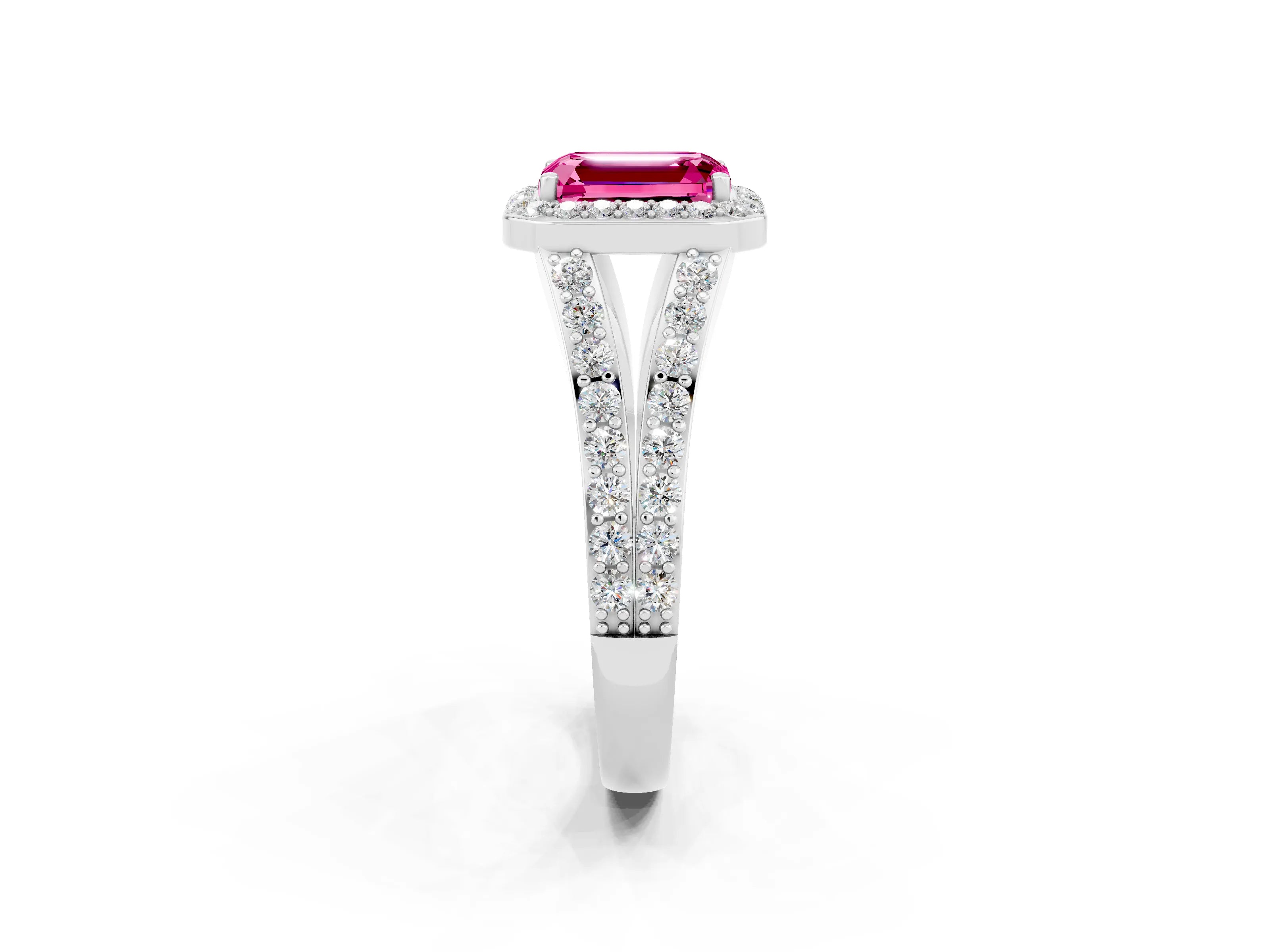 White gold Emerald Cut Pink Sapphire Split Shank Halo Ring with Four-Prong Setting_26