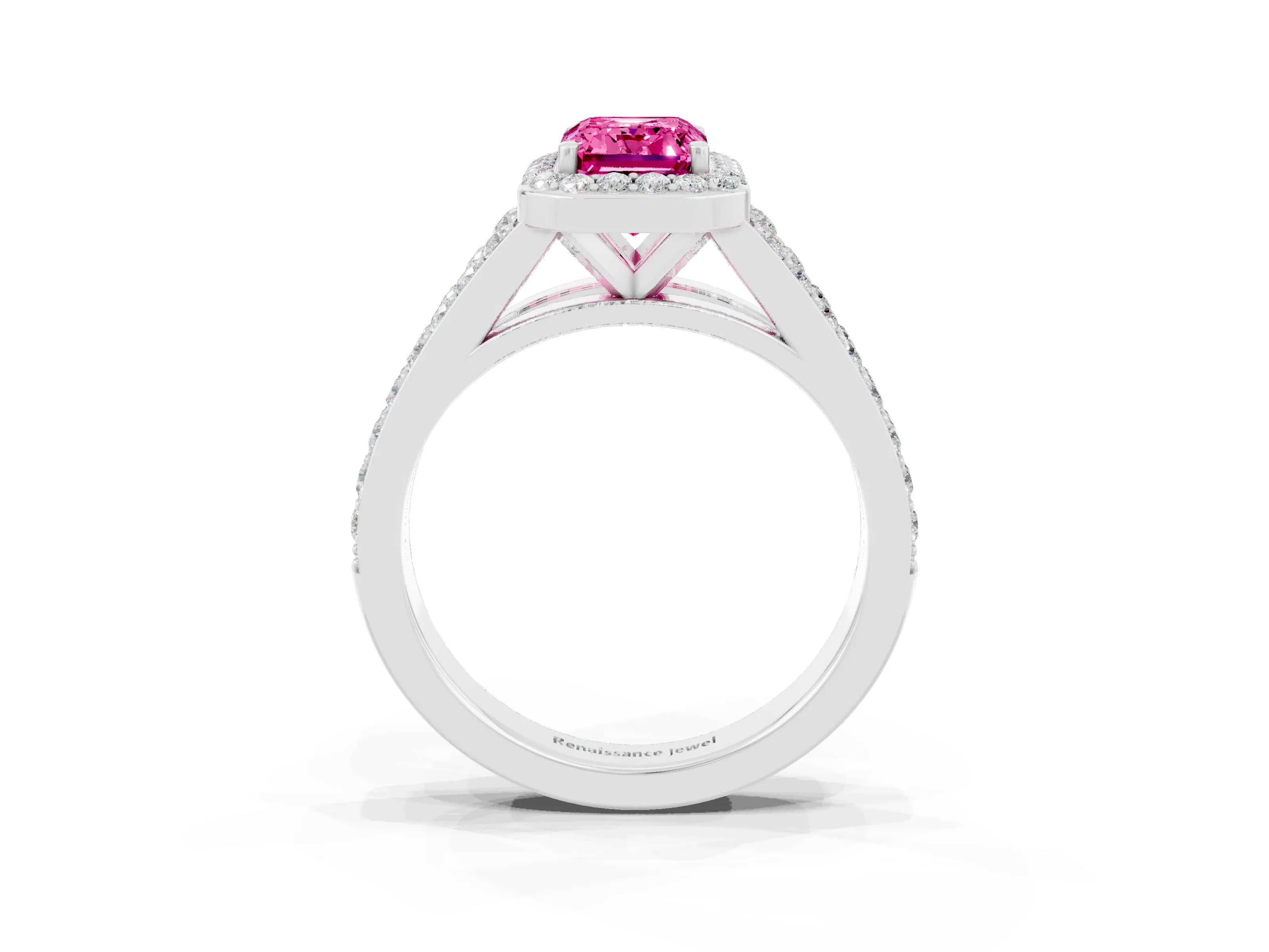 White gold Emerald Cut Pink Sapphire Split Shank Halo Ring with Four-Prong Setting_27