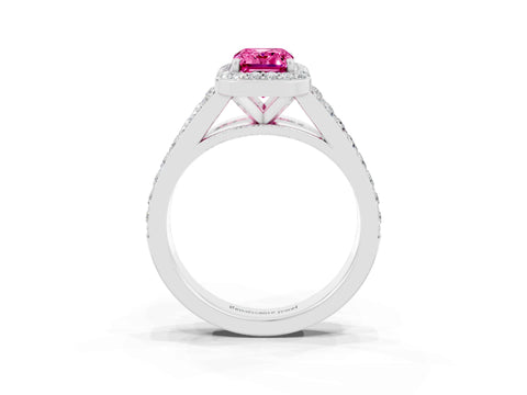 White gold Emerald Cut Pink Sapphire Split Shank Halo Ring with Four-Prong Setting_27