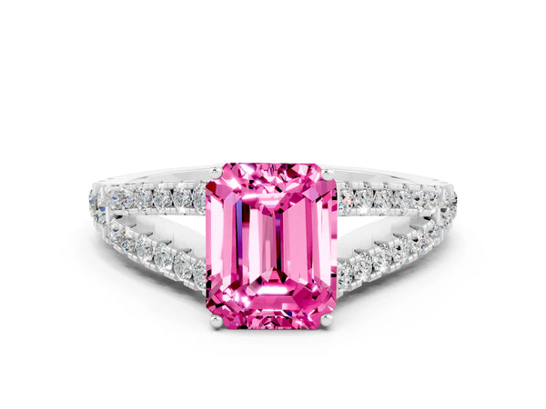 White gold Emerald Cut Pink Sapphire Split Shank Pavé Engagement Ring with Four-Prong Setting