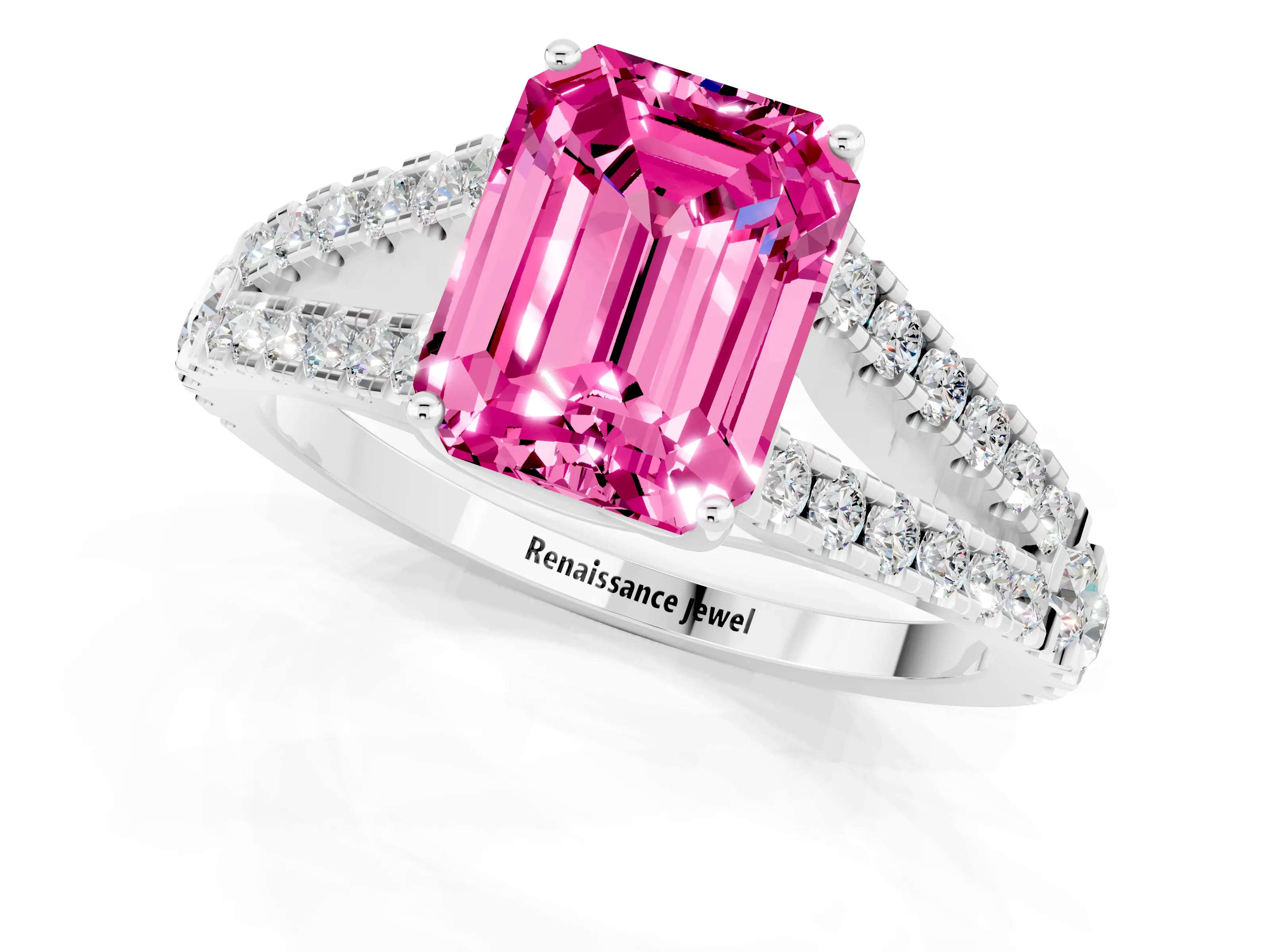 White gold Emerald Cut Pink Sapphire Split Shank Pavé Engagement Ring with Four-Prong Setting_37