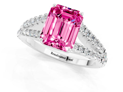 White gold Emerald Cut Pink Sapphire Split Shank Pavé Engagement Ring with Four-Prong Setting_37