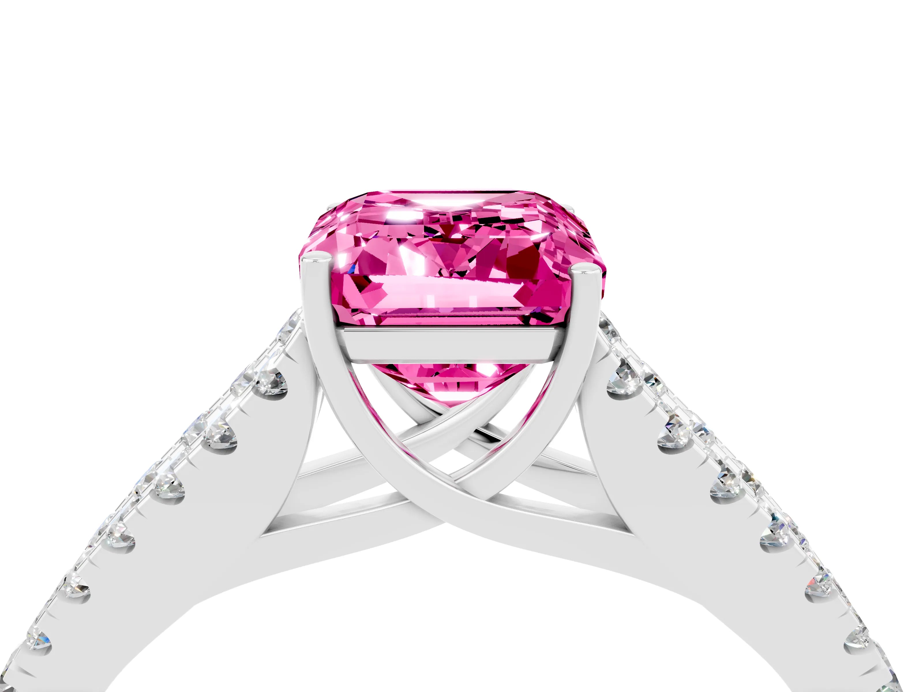 White gold Emerald Cut Pink Sapphire Split Shank Pavé Engagement Ring with Four-Prong Setting_38