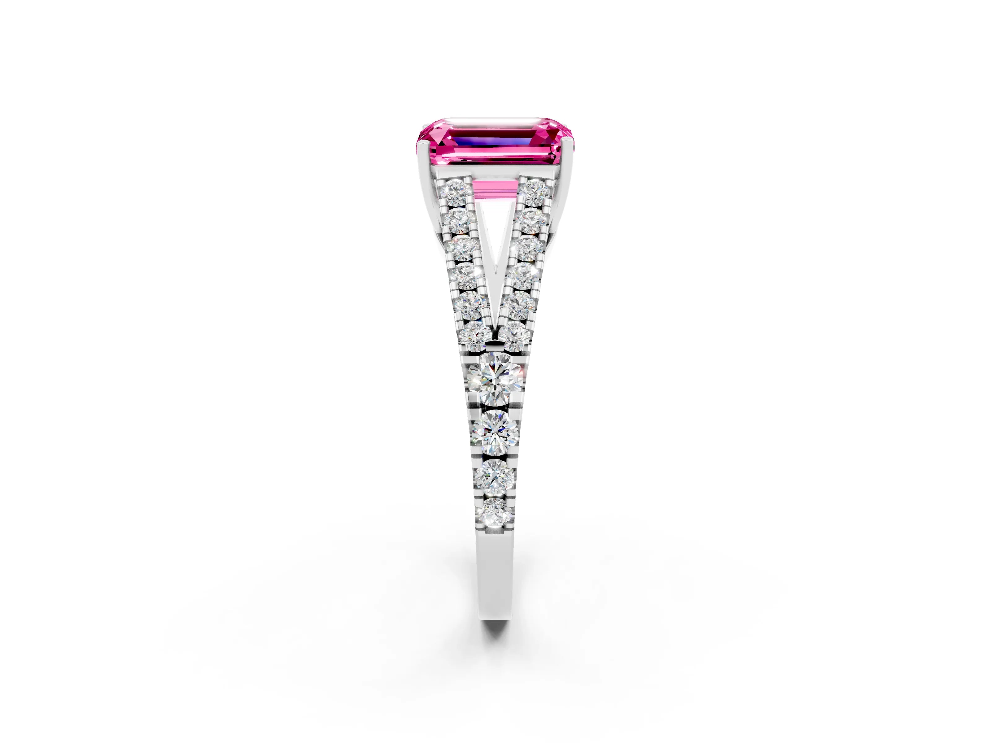 White gold Emerald Cut Pink Sapphire Split Shank Pavé Engagement Ring with Four-Prong Setting_38