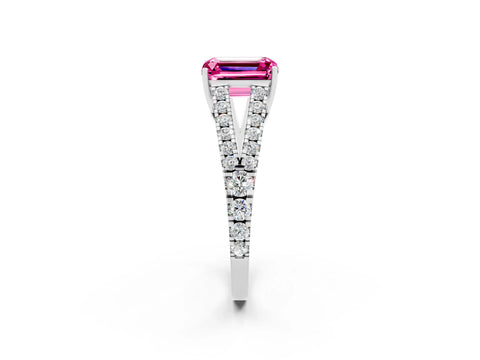 White gold Emerald Cut Pink Sapphire Split Shank Pavé Engagement Ring with Four-Prong Setting_38