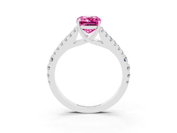 Platinum Emerald Cut Pink Sapphire Split Shank Pavé Engagement Ring with Four-Prong Setting