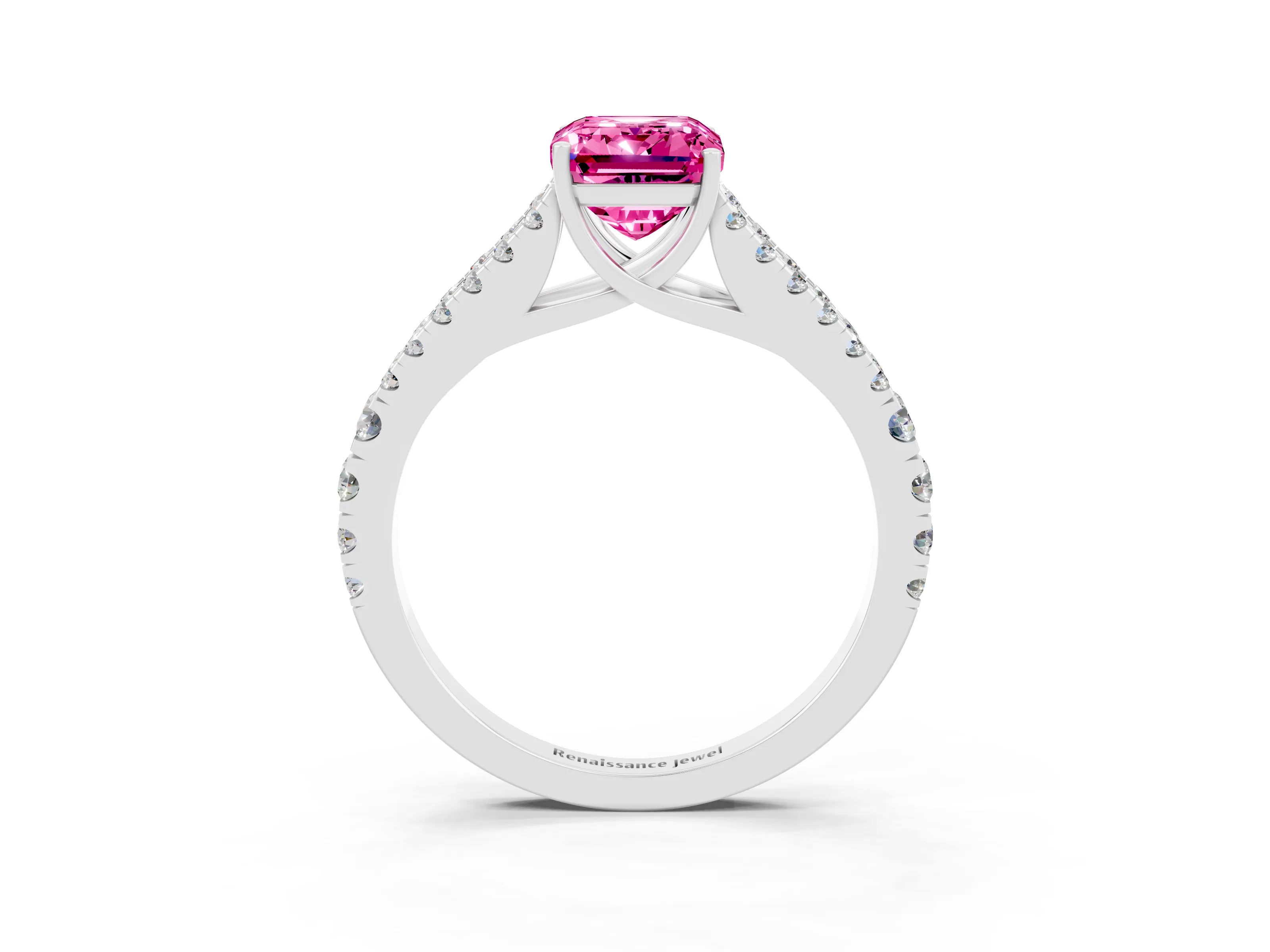 White gold Emerald Cut Pink Sapphire Split Shank Pavé Engagement Ring with Four-Prong Setting_39