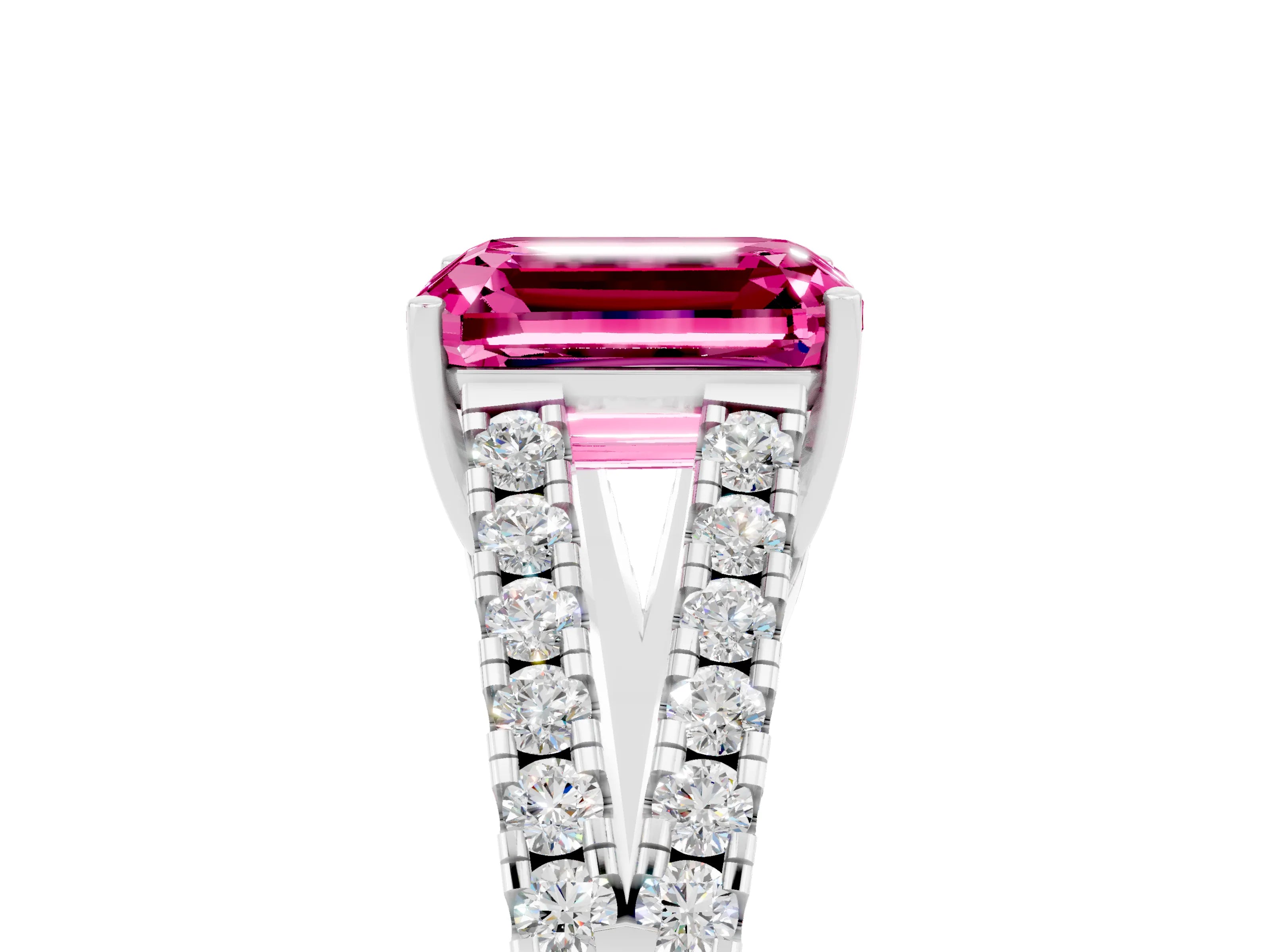 White gold Emerald Cut Pink Sapphire Split Shank Pavé Engagement Ring with Four-Prong Setting_41