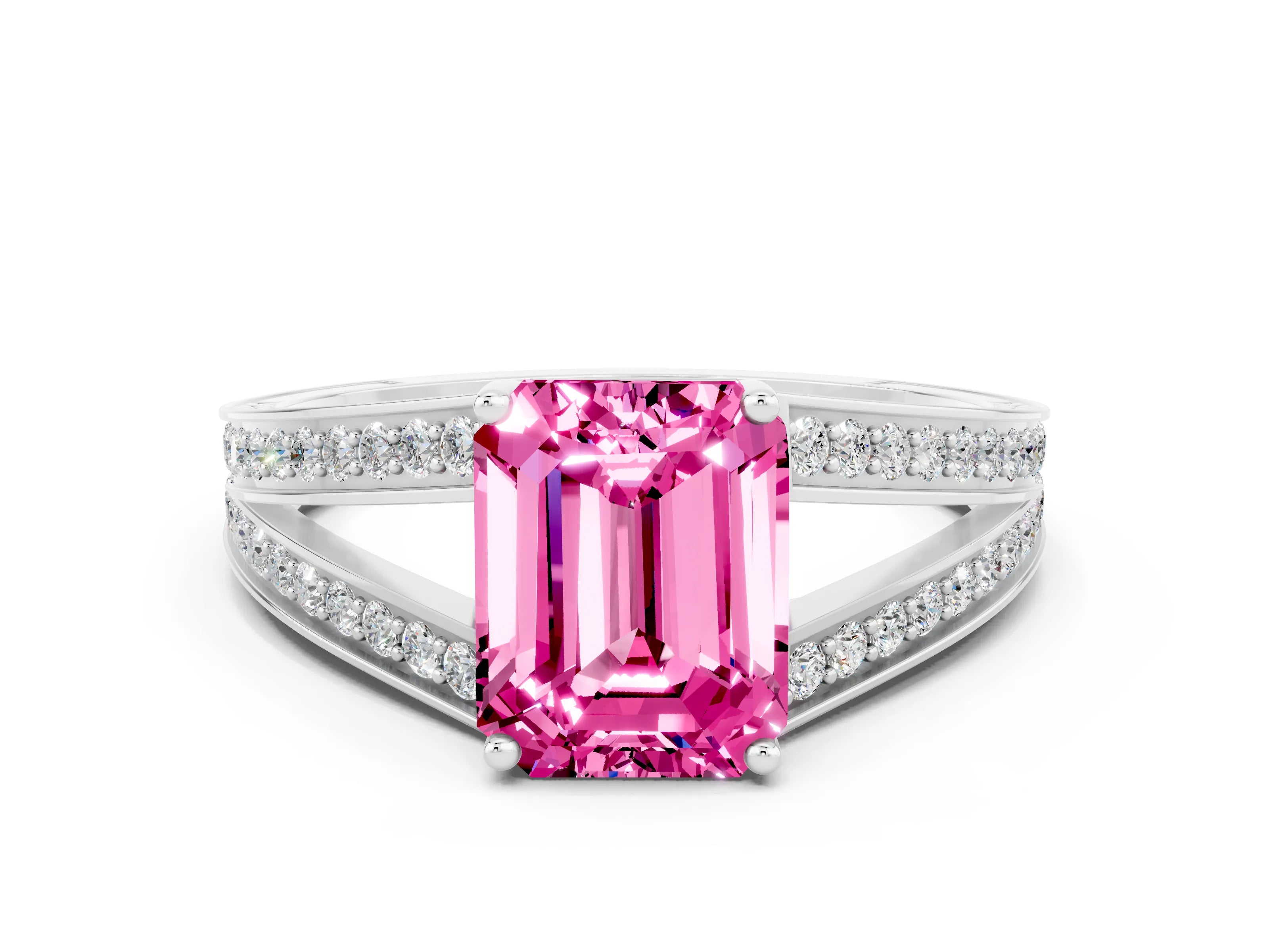 White gold Emerald Cut Pink Sapphire Split Shank Ring with Pavé Band and Four-Prong Setting