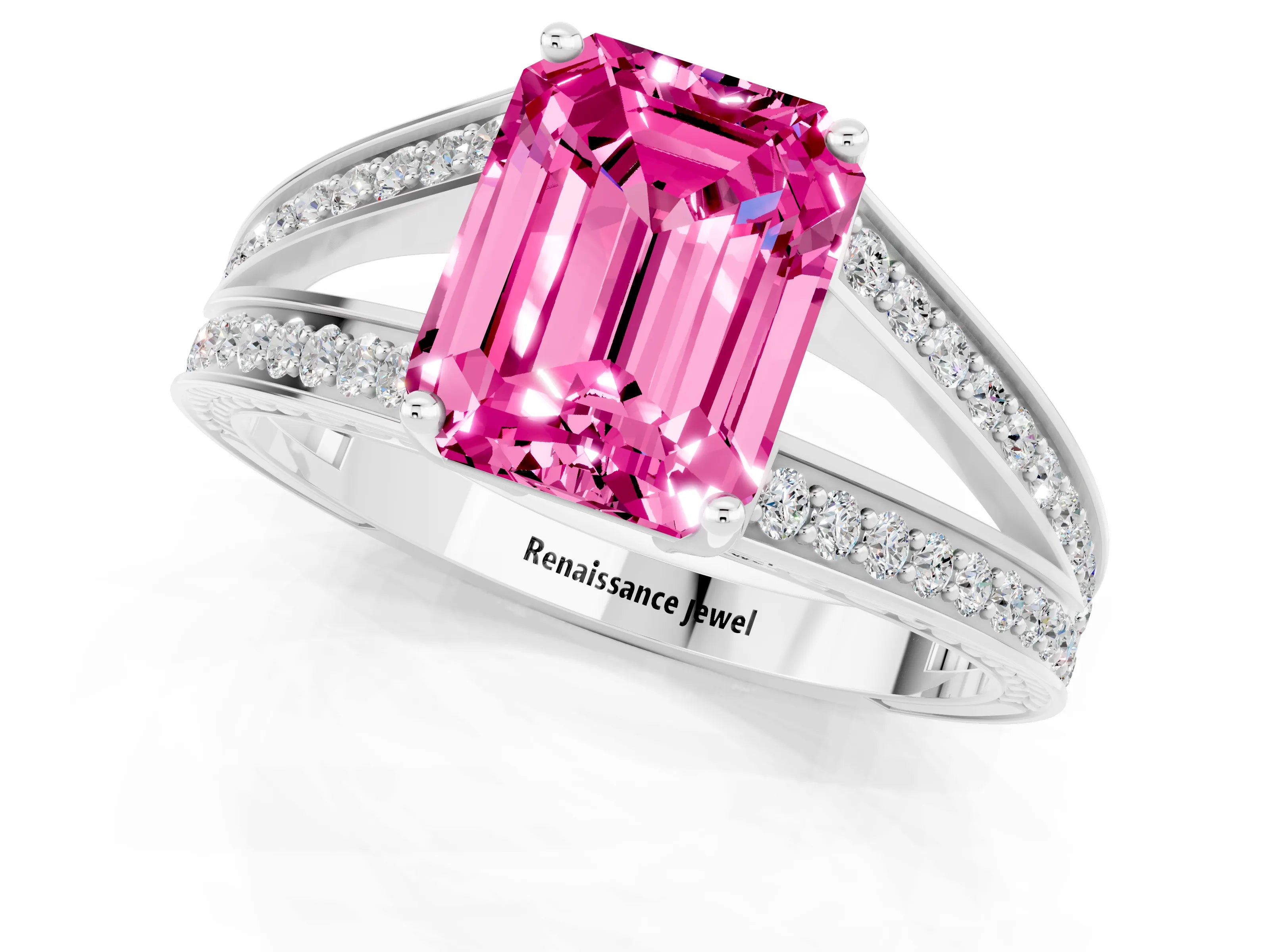 White gold Emerald Cut Pink Sapphire Split Shank Ring with Pavé Band and Four-Prong Setting_1