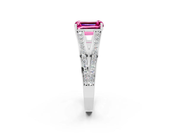White gold Emerald Cut Pink Sapphire Split Shank Ring with Pavé Band and Four-Prong Setting
