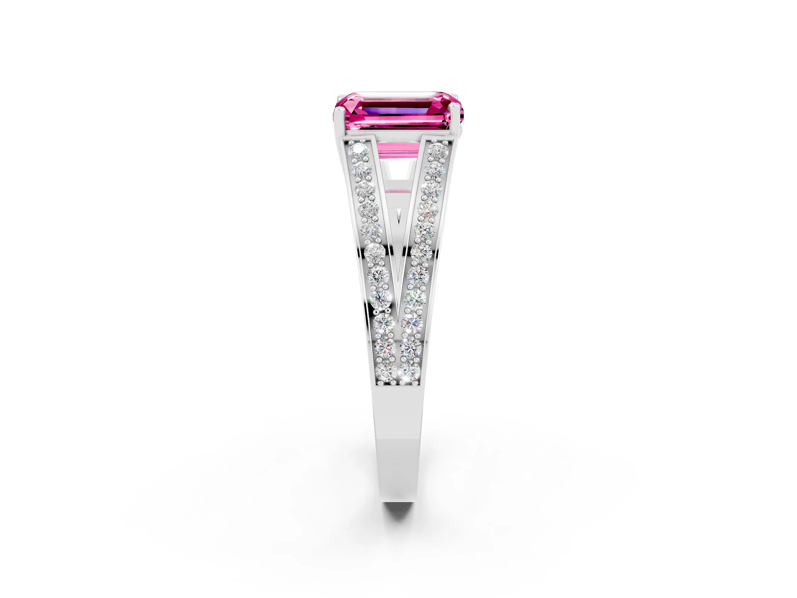 White gold Emerald Cut Pink Sapphire Split Shank Ring with Pavé Band and Four-Prong Setting_2