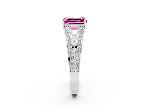 White gold Emerald Cut Pink Sapphire Split Shank Ring with Pavé Band and Four-Prong Setting_2
