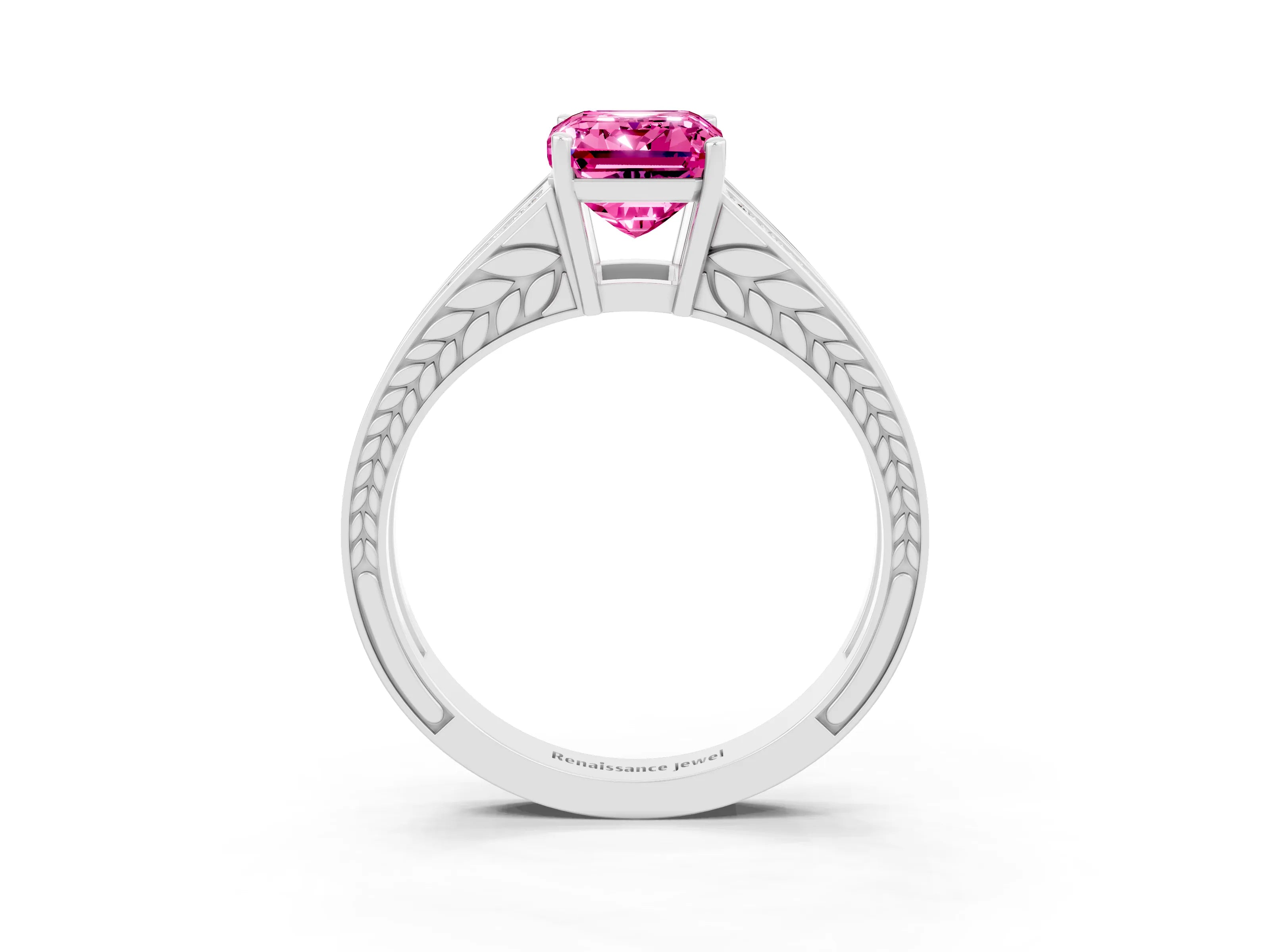 White gold Emerald Cut Pink Sapphire Split Shank Ring with Pavé Band and Four-Prong Setting_3