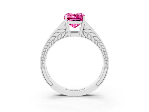 White gold Emerald Cut Pink Sapphire Split Shank Ring with Pavé Band and Four-Prong Setting_3