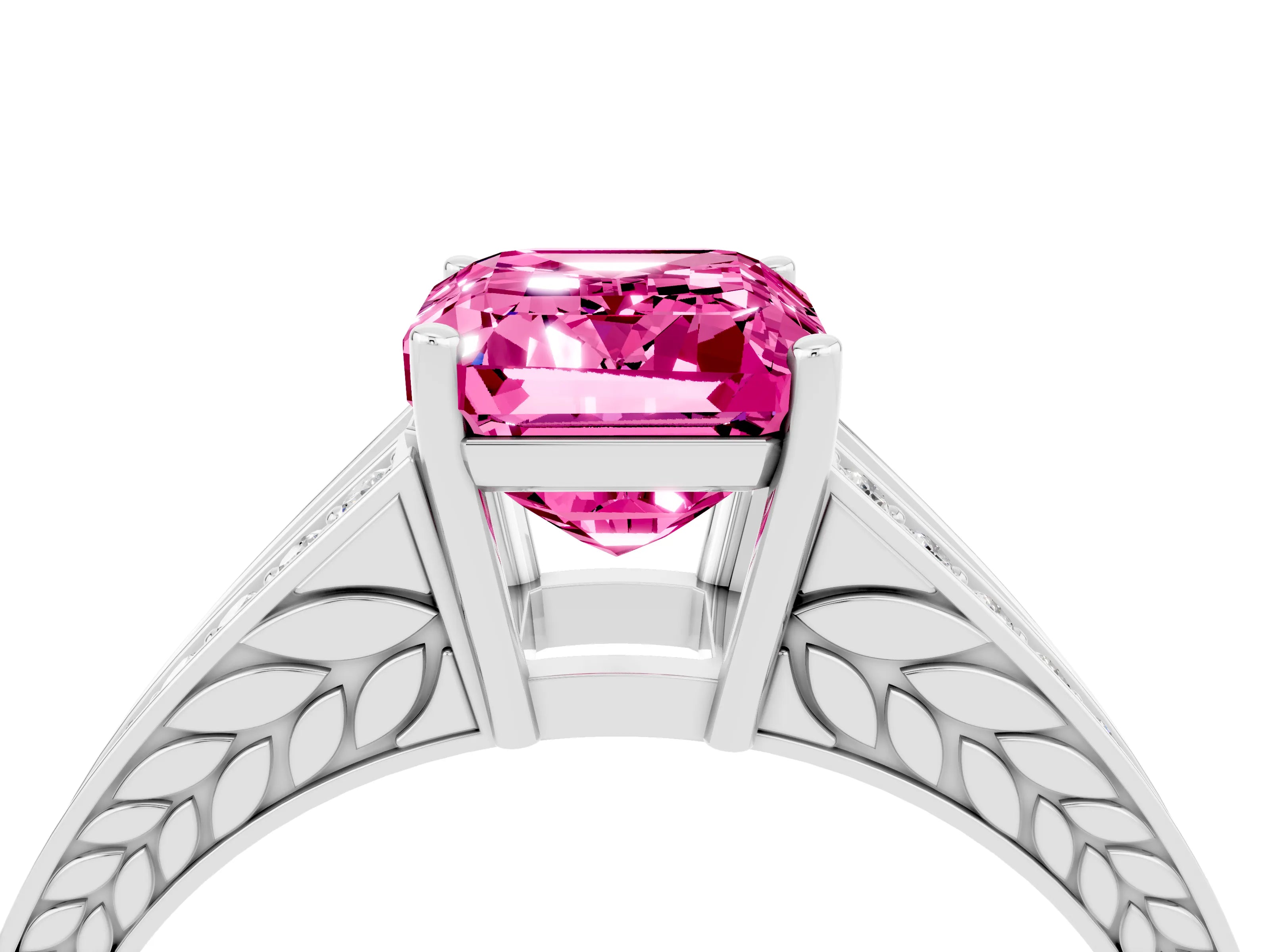 White gold Emerald Cut Pink Sapphire Split Shank Ring with Pavé Band and Four-Prong Setting_4