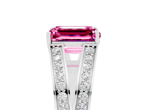 White gold Emerald Cut Pink Sapphire Split Shank Ring with Pavé Band and Four-Prong Setting_5