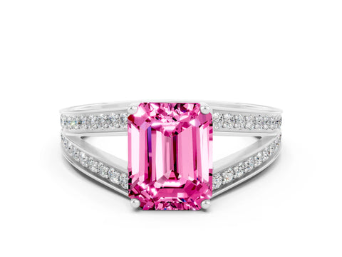 White gold Emerald Cut Pink Sapphire Split Shank Ring with Pavé Band and Four-Prong Setting