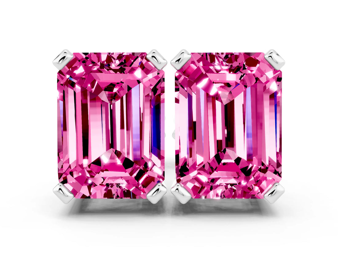 Silver 5.43 Carat Emerald Pink Sapphire Stud Earrings