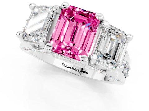 White gold Emerald Cut Pink Sapphire Three-Stone Ring with Channel Set Band and Four-Prong Setting_1